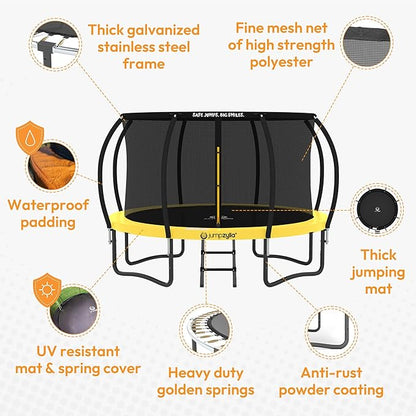 JUMPZYLLA Trampoline Outdoor 8FT 10FT 12FT 14FT 15FT 16FT with Enclosure and Ladder, ASTM Approved Recreational Trampoline for Kids and Adults, Anti-Rust Coated Frame