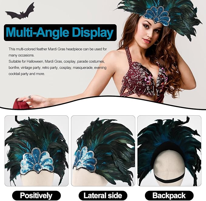 Women's Carnival Feather Headpieces Sequin Headdress for Wedding Masquerade Party Cosplay Feather Headbands