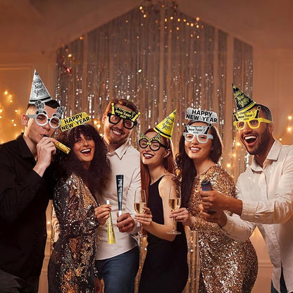 144PCS New Years Eve Party Supplies 2026 for 48 Guests, Happy New Years Decorations Party Favors Includes Cone Hats, Tiaras, Glasses, Noise Makers Accessories for Adults Kids