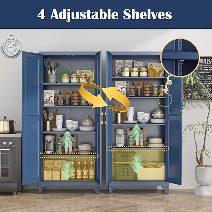 Kitchen Pantry Cabinet,75”Blue Metal Storage Cabinets with Doors and 4 Adjustable Shelves,Kitchen Cabinet with 2 Gold Handles,Tall Cabinet for Livingroom,Pantry, Bathroom