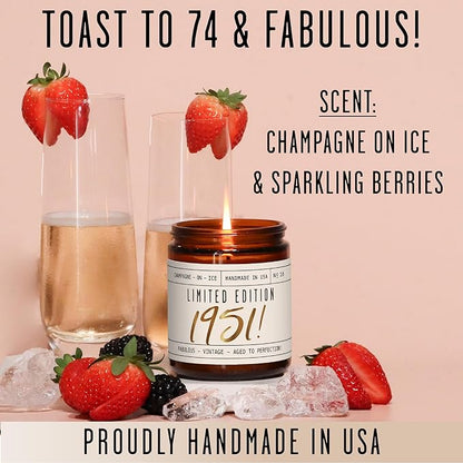 74th Birthday Gifts for Women - 'Limited Edition 1951' Soy Candle, w/Champagne on Ice I 74 Birthday Gifts for Women I 74th Birthday Gift for Her Ideas I 9oz Reusable Jar, 50Hr Burn, Made in USA