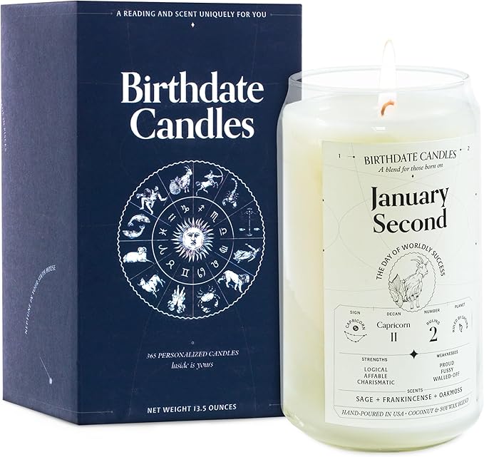 Birthdate Candles, January 2 - Capricorn Zodiac Scented Candles Birthday Gift - Sage, Frankincense & Oakmoss Scent - All-Natural Soy & Coconut Wax, 60-80 Hour Burn Time - Made in USA