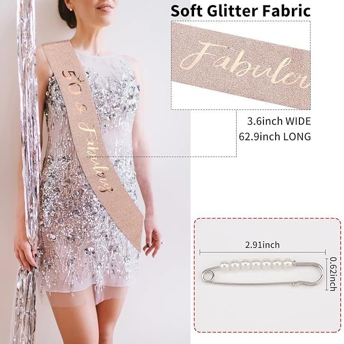 CIEHER 50th Birthday Crown + 50 & Fabulous Sash+Pearl Pin Set, Tiara, 50th Gifts, Decorationsfor Women Friends, Happy Party Favor Supplies