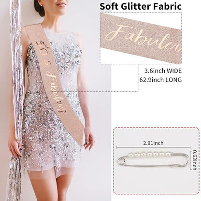 CIEHER 50th Birthday Crown + 50 & Fabulous Sash+Pearl Pin Set, Tiara, 50th Gifts, Decorationsfor Women Friends, Happy Party Favor Supplies