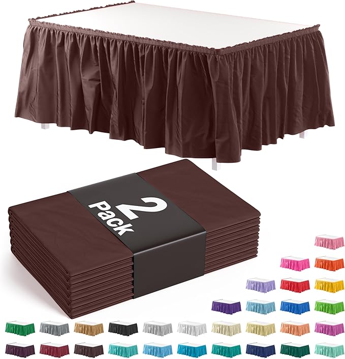 Exquisite Ruffle Table Skirt Brown 2 Pack 14 Ft Long Table Skirts for Rectangle Tables 6ft Plus or Round Tables Skirts with Adhesive Strip for Gender Reveal Decor & Happy Birthday Parties