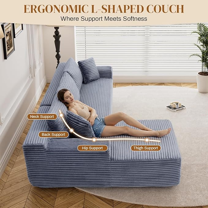 95" L Shaped Boneless Sectional Couches, Wide Armrest, Deep Seat, Memory Foam, Assembly Free, Modern Comfy Corduroy Fluffy Cloud Sofa with Left Chaise for Living Room, Small Spaces, Grey