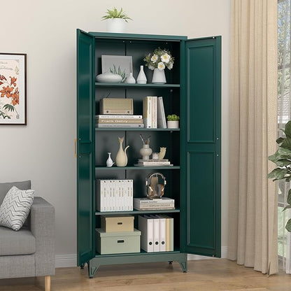 Kitchen Pantry Cabinet,75" Green Metal Storage Cabinets with Doors and 4 Adjustable Shelves,Kitchen Cabinet with 2 Gold Handles,Tall Cabinet for Livingroom,Pantry, Bathroom