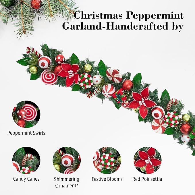 Holiday Tree Christmas Peppermint Garland 60” – Candy Cane Red & White Holiday Decor with Ornaments & Greenery, Handmade Festive Mantel Garland for Staircase, Doorway & Tabletop Decoration