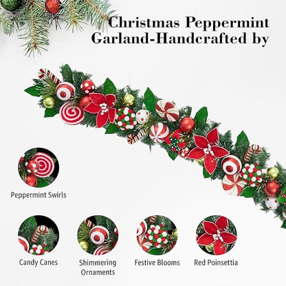 Holiday Tree Christmas Peppermint Garland 60” – Candy Cane Red & White Holiday Decor with Ornaments & Greenery, Handmade Festive Mantel Garland for Staircase, Doorway & Tabletop Decoration