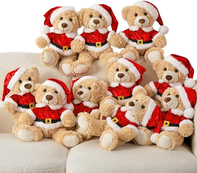 MaoGoLan 10 Pack Christmas Teddy Bears Stuffed Animal 14'' Plush Bear with Classic Santa Outfits - Removable Shirt & Hat Fit Most Small Plush Toys Christmas Decorations Gifts