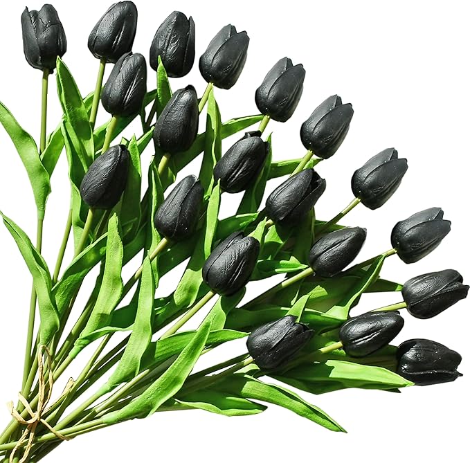 ONLY ART Artificial Black Tulips 20 Pcs – 13.5 Inch PU Faux Flowers with Bendable Stems for Home Décor, Wedding Centerpieces, DIY Floral Arrangements, Table Decorations