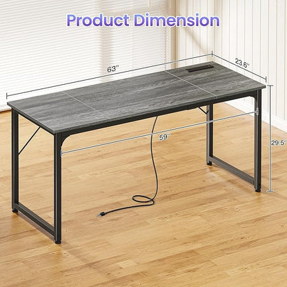 PRAISUN 63 X 24 Inch Office Computer Desk with Power Outlets and USB-C Port, Larger and Longer Gaming Desk, for Home Office, Study, Writing Work from Home Table, Metal Frame, Grey