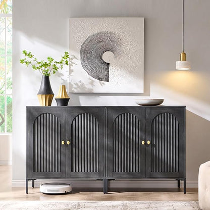 Modern Buffet Cabinet with Storage, 61.75" W Fluted Arched Sideboard Cabinet w/Adjustable Shelves, Wooden Modular Coffee Bar for Dining Room, Kitchen, Living Room, Entryway, Dark Grey