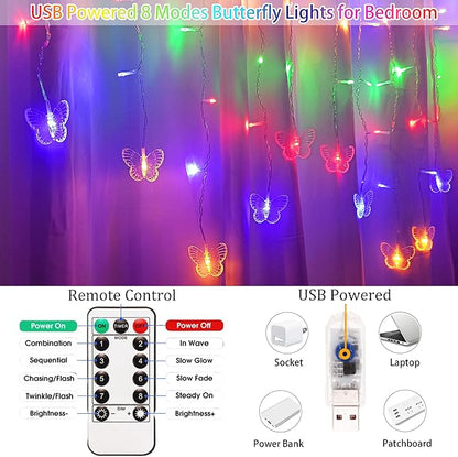 Butterfly Curtain Fairy Lights USB Plug in,120 LED 8 Modes 20FT Firefly Twinkle Icicle String Lights with Remote Timer Waterproof Copper Wire for Bedroom Patio Christmas Wedding Party Dorm(Multicolor)