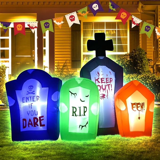 6FT Halloween Inflatable Tombstones Set Decora Halloween Blow Up Decor with LED Lights Indoor Outdoor Holiday Party Yard Graden Decoration