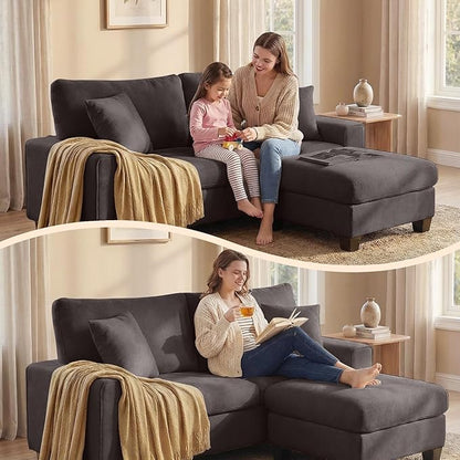 DOPEDIO L-Shaped Sectional Sofa with Storage Ottoman, Modern Chenille Recliner Loveseat, Removable Couch Covers, Pocket Spring Cushions, Solid Wood Frame, Easy to Install (71.25inch, Dark Grey)