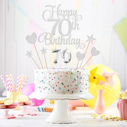 70th Birthday Cake Decorations, 70th Birthday Candles Cake Numeral Candles and Glitter Happy 70th Birthday Cake Toppers Set for Birthday Party Supplies (Silver)