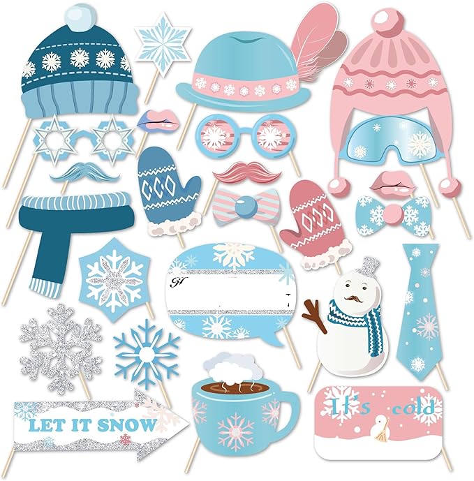 Snowman Photo Booth Props,Winter Wonderland Snow Photo Booth Props,Snow Booth Props(25CT),Snowflake Party Decoration with Stick