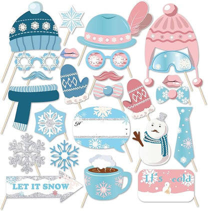 Snowman Photo Booth Props,Winter Wonderland Snow Photo Booth Props,Snow Booth Props(25CT),Snowflake Party Decoration with Stick