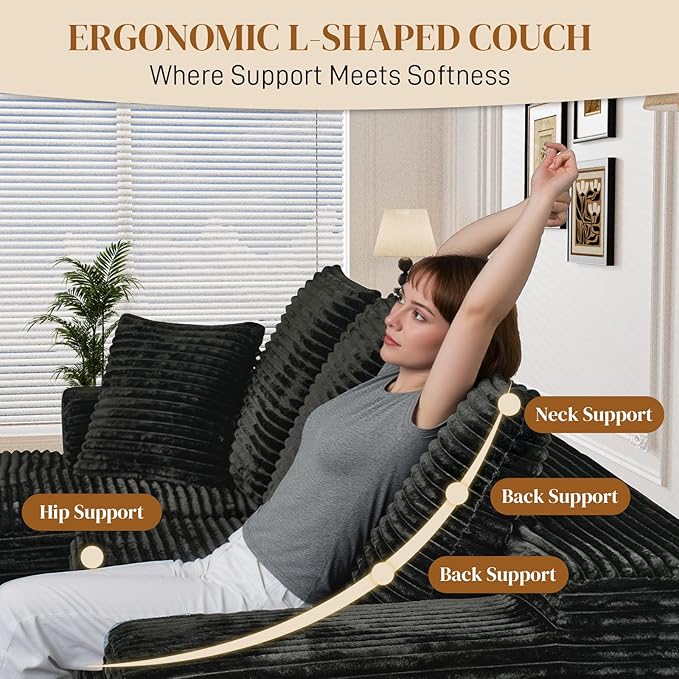 108" L Shaped Boneless Sectional Couches for Living Room, Wide Armrest, Deep Seat, Memory Foam, Assembly Free, Modern Comfy Corduroy Fluffy Cloud Sofa with Left Chaise, Black