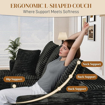 108" L Shaped Boneless Sectional Couches for Living Room, Wide Armrest, Deep Seat, Memory Foam, Assembly Free, Modern Comfy Corduroy Fluffy Cloud Sofa with Left Chaise, Black