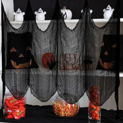 Halatool 30 X 90 in Halloween Creepy Cloth, 4 PCS Black Spooky Cheesecloth Scary Hanging Gauze Decor for Halloween Party Supplies Haunted Houses Windows Doorways Indoors & Outdoors