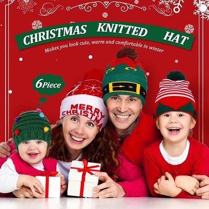 Vicenpal 6 Pcs Christmas Knitted Hat Xmas Beanie Hat Bulk Crochet Knit Cap Set Printed Wool Bulk