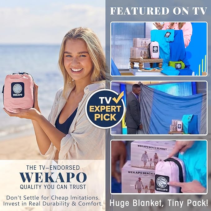 WEKAPO Beach Blanket Sandproof Waterproof, Extra Large Beach Mat, Oversized & Compact Sand Free Mat Quick Drying, Lightweight & Durable with Stakes & Corner Pockets