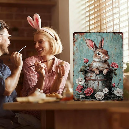 Easter Vintage Rabbit Metal Tin Sign Rustic Bunny Art Sign Farmhouse Decor For Home Garden Garage Garden artistry Decor 12x16Inch