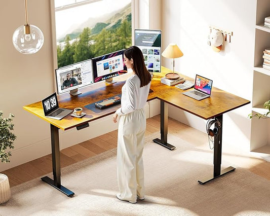 Casaottima 63 Inch Reversible L Shaped Electric Standing Desk, Ergonomic Height Adjustable Desk, Large Lift Corner Stand up Table for Workstation, Home Office, Reception Room, Rustic Brown
