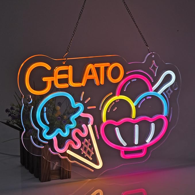 Gelato Neon Sign, Neon Lights Hanging Wall Art Decoration for Restaturant Shop Food Truck Market Bakeries Café Celebration Home Decor, USB Powered Ultra Bright Dimmable,15.75×11.8inches