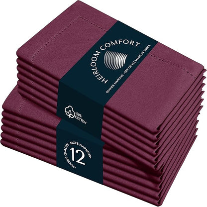 Burgundy Cotton Cloth Napkins 18"x18" - Set of 12 - Soft, Absorbent, Durable, Reusable, Washable - Hemstitch Mitered Edges - Perfect for Weddings, Receptions, Holiday, Formal Events