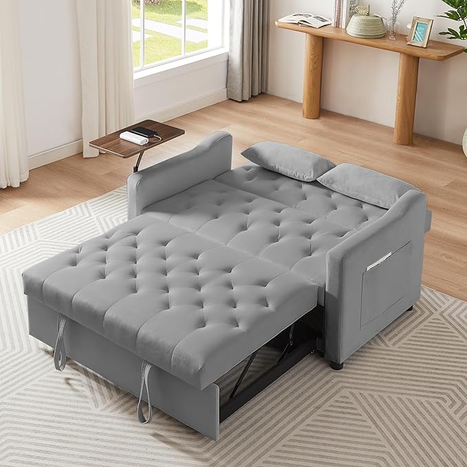3-in-1 Convertible Sleeper Sofa Bed, Pullout Couch with 360° Swivel Side Table, Modern Chenille Fabric, Easy to Assemble, Folding Loveseat Sofa Bed for Living Room & Guest Room