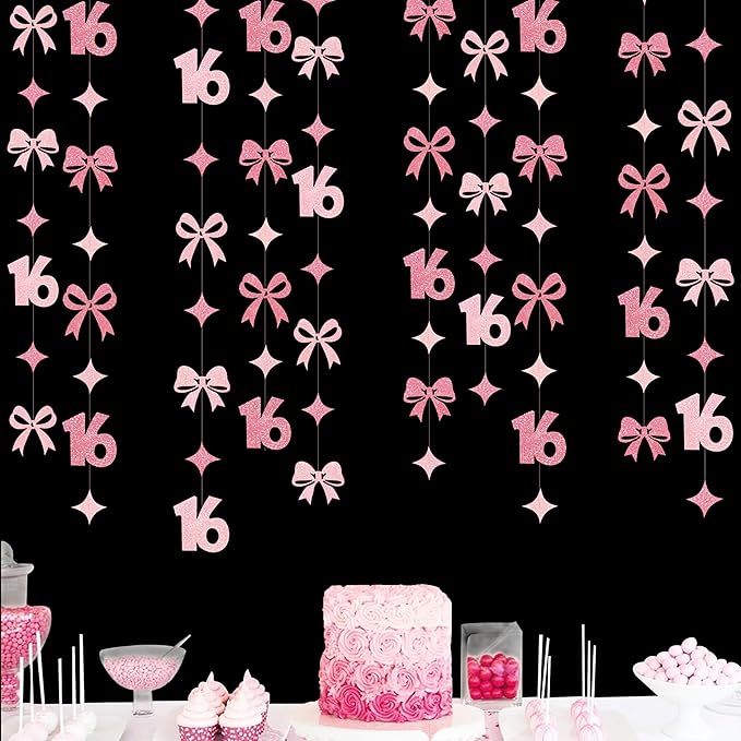 Glitter Pink 16th Bow Birthday Decorations Hot Pink Conquette Bow Garland Streamer Banner Backdrop for Girls Boys Happy 16th Birthday Sweet Sixteen Cheers to 16 Years Old Anniversary Party Supplies