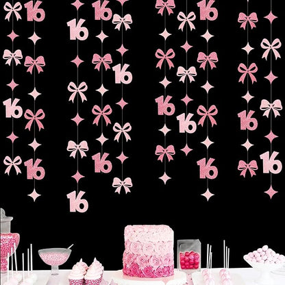 Glitter Pink 16th Bow Birthday Decorations Hot Pink Conquette Bow Garland Streamer Banner Backdrop for Girls Boys Happy 16th Birthday Sweet Sixteen Cheers to 16 Years Old Anniversary Party Supplies