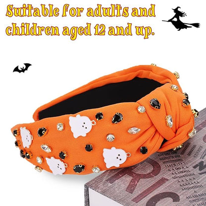 Halloween Headbands for Women, Orange Ghost Rhinestone Wide Jeweled Knotted Headband, Crystal Beaded Jeweled Top Knot Embellished Headband Hair Accessories Halloween Birthday Gift