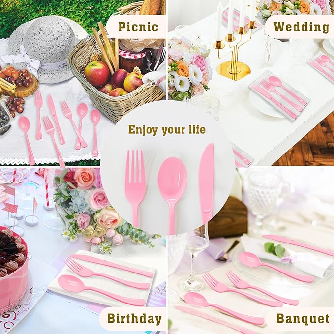 150 Pack Light Pink Plastic Silverware, Pink Plastic Utensils Heavy Duty Includes 50 Disposable Forks, 50 Knives, 50 Spoons for Birthday, Bride Shower, Wedding
