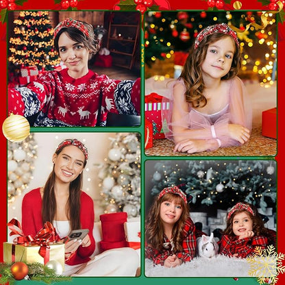 2 Pcs Christmas Headbands for Women Pearl Rhinestone Knot Headband Crystal Jeweled Hair Band Wide Top Knotted Headband Christmas Hair Accessories Holiday Party Outfits Decorations(Snowflake Plaid)