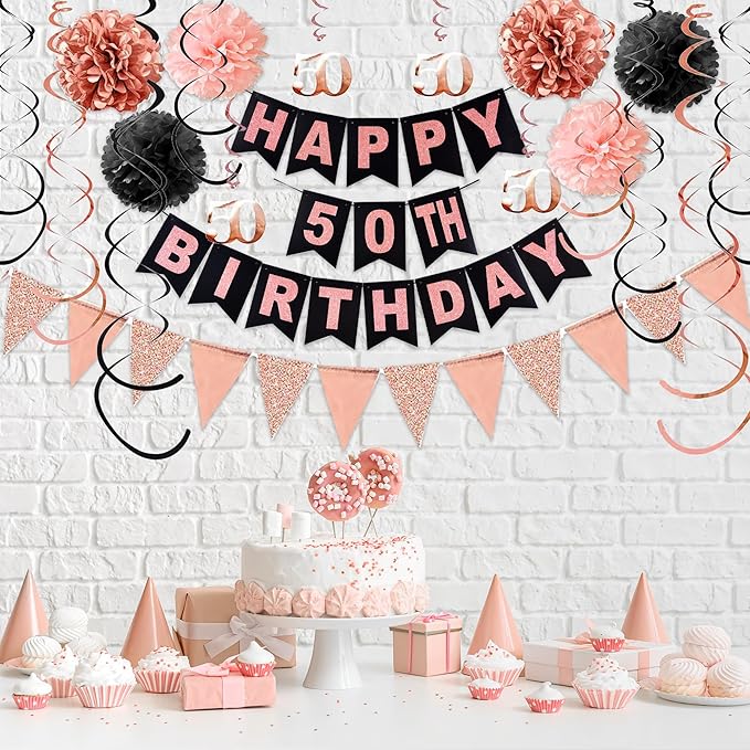 50th Birthday Decorations for Women, Black Rose Gold 50th Birthday Party Decorations, Including Happy 50th Birthday Banner, Hanging Swirls, Honeycomb.