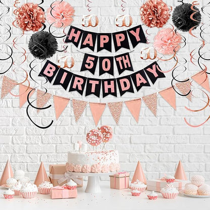 50th Birthday Decorations for Women, Black Rose Gold 50th Birthday Party Decorations, Including Happy 50th Birthday Banner, Hanging Swirls, Honeycomb.