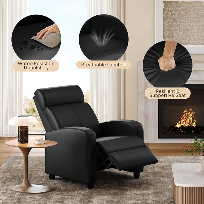 Yaheetech Living Room Chair for Adults, Adjustable Faux Leather Club Recliner Chair with Pocket Spring, Soft Foam Backrest Seat for Home/Theater/RV/Other Small Spaces, Dark Black
