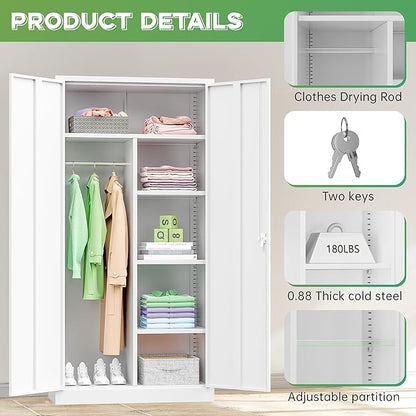INTERGREAT Metal Wardrobe Closet, 72" Locking Storage Wardrobe Cabinet with Doors and Shelves, 18" D x 36" W Steel Clothes Storage Cabinets for Office, Home, School, Gym（White）