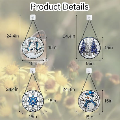 Stained Glass Window Hanging 4 Pcs Set White Winter Christmas Snow Scene Large 15" - Suncatcher Door Garden Sun Catcher Decor Birthday for Mom Woman Nana Men Friend Wife