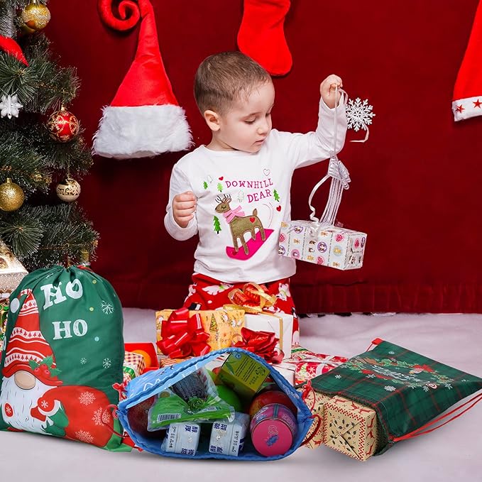 12 Pcs Christmas Party Favors Bags for Kids Drawstring Backpack Santa Claus Goodies Snack Treat Gift Bags Presents Wrapping for Xmas Winter Holiday Birthday Party (13.2 x 16.3 Inch)