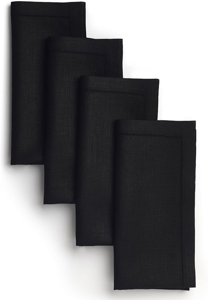 D'Moksha Homes Black Linen Napkins Set of 4 - Classic Hemstitch 100% Pure Linen Hemstitch Dinner Napkins 20 x 20 Inch for Winter, Christmas, Holiday - Handcrafted and Machine Washable