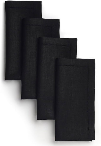 D'Moksha Homes Black Linen Napkins Set of 4 - Classic Hemstitch 100% Pure Linen Hemstitch Dinner Napkins 20 x 20 Inch for Winter, Christmas, Holiday - Handcrafted and Machine Washable