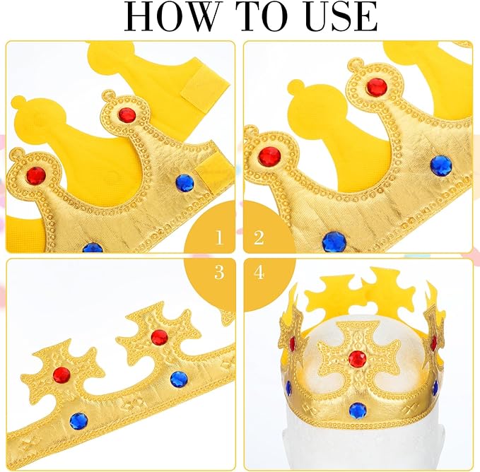 6 Pcs Golden King Crown Set with Gems King Crown Hat Queen Crowns Cap Prince Princess Crowns for Birthday Party Photo Props Halloween Cosplay