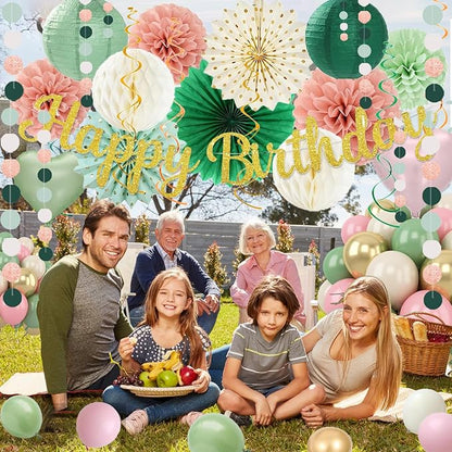 Sage Green Pink Birthday Decorations - 62pcs Happy Birthday Banner, Olive Retro Beige Paper Lanterns Pom Poms, Green Pink Balloons , Neutral Streamers Garland, Birthday Decorations for Women Girl Boys