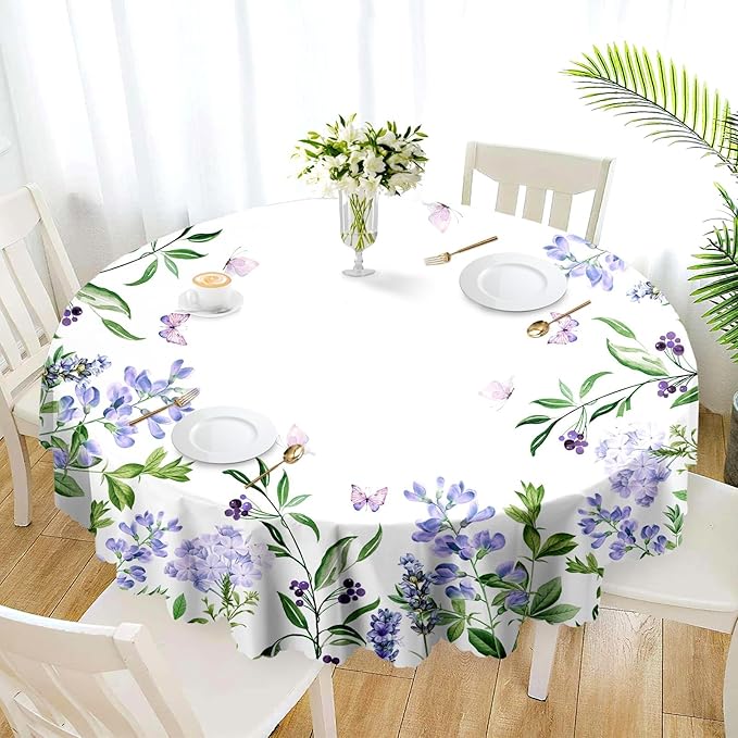 Eikione 60In Round Tablecloth, Floral Tablecloths Polyester Waterproof Stain Wrinkle Free, Indoor and Outdoor Table Cover for Kitchen Party Dining Table