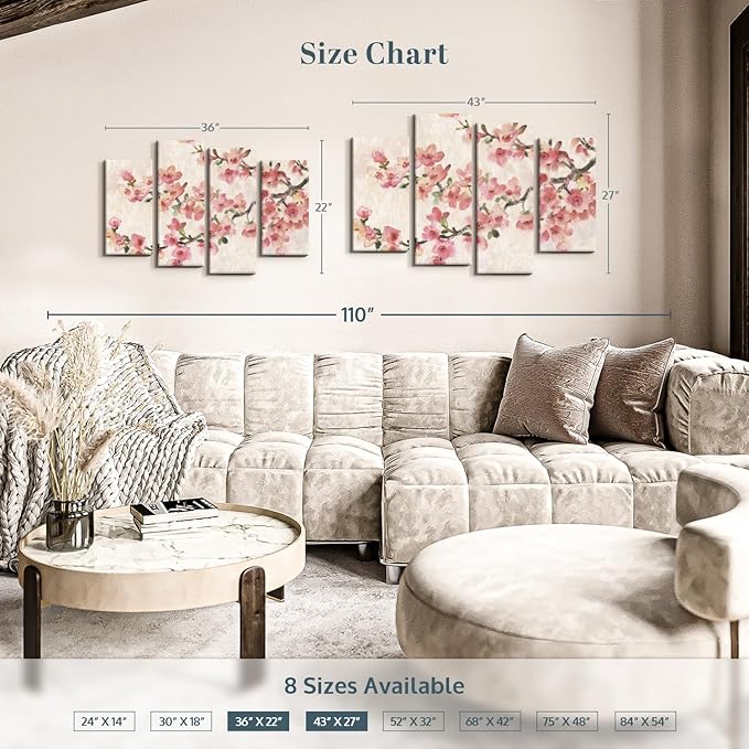 Elephant Stock Cherry Blossom Composition I Wall Art - Horizontal Canvas - 4-Piece Living Room Wall Decor - Branch Painting Canvas Print - Pink and Green Decor for Wall by Tim O'Toole - 43" X 27"